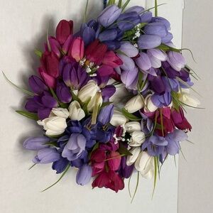 Handmade Purple & White tulip Floral Wreath - Home Design. 16 inches round.
